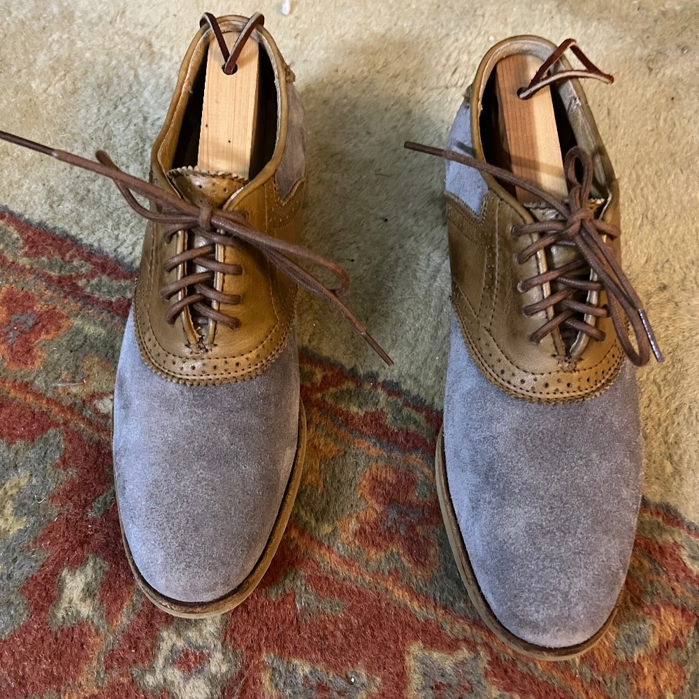 Frye gray nubuck tan leather saddle shoes